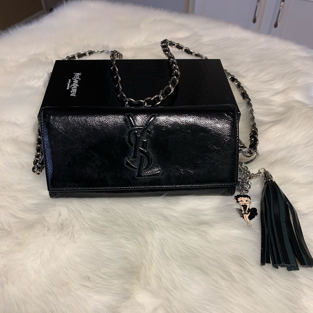 YSL Glossy Black Leathet Wallet in Chain